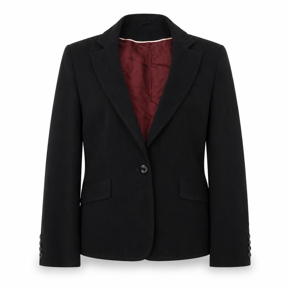 Front view of Dorothy Perkins women’s black striped polyester jacket suit jacket, size UK 12