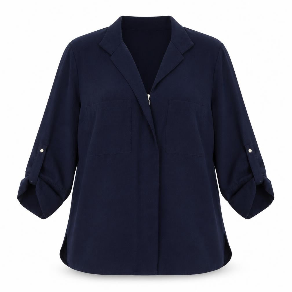 Front view of Warehouse women’s blue jacket, size UK 14, zip