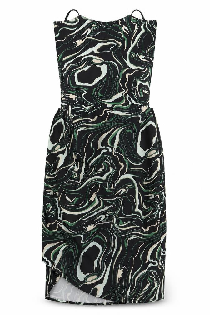 Front view of Naanaa women’s black geometric polyester ball gown, size UK 6, square neck tie
