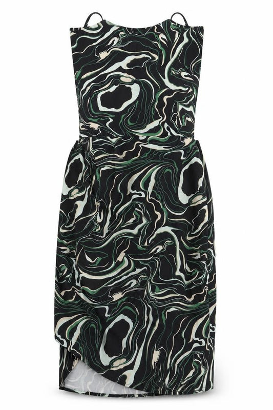 Front view of Naanaa women’s black geometric polyester ball gown, size UK 6, square neck tie