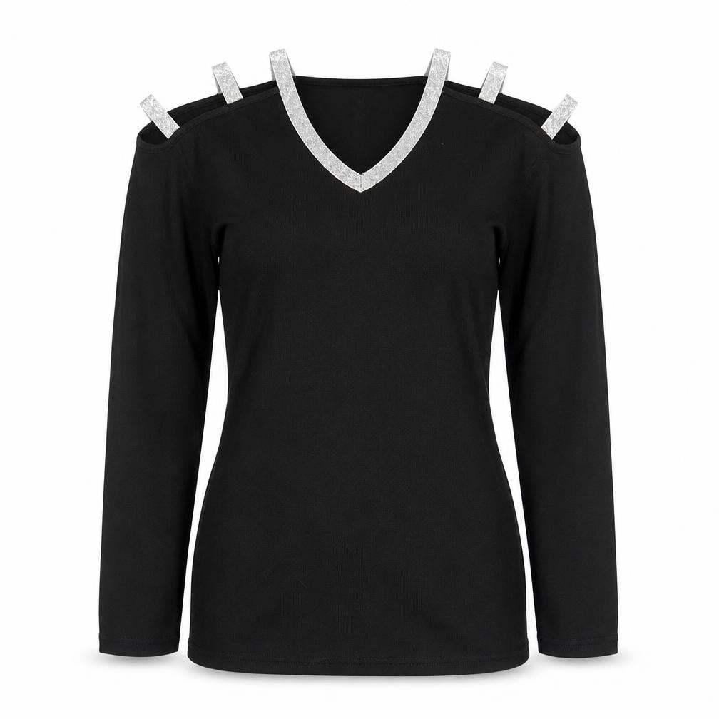 Front view of Fashion women’s black v-neck polyester jumper, size M