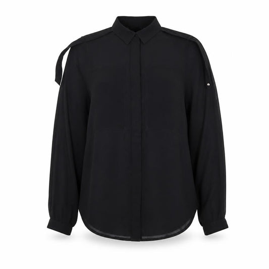 Front view of Topshop women’s black polyester basic button-up, size UK 6, collared