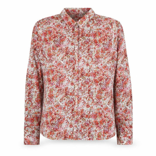 Front view of Preworn women’s red cotton basic button-up, size S, collared