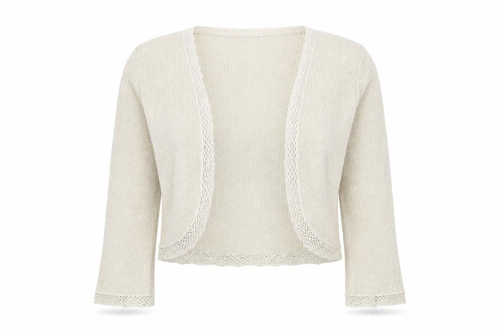 Front view of Monsoon women’s gold square neck polyester cardigan jumper, size UK 14
