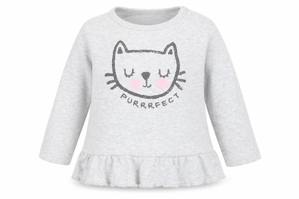 Front view of Very girls’ grey cotton basic t-shirt, size 3-6, months round neck pullover - cat