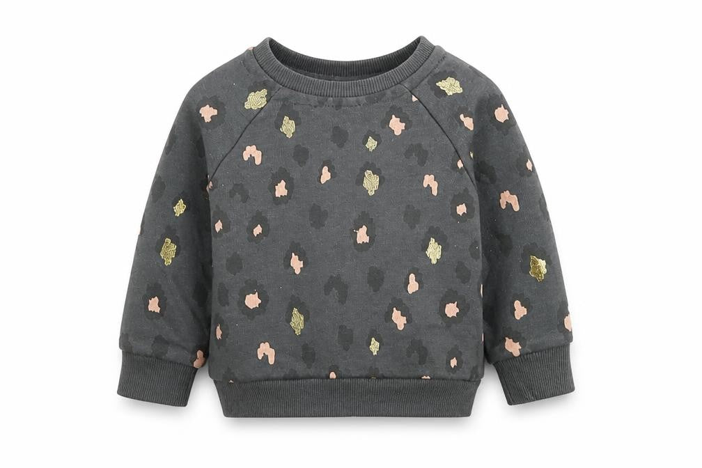 Front view of Primark girls’ grey animal print cotton jumper, size 3-6, months pullover