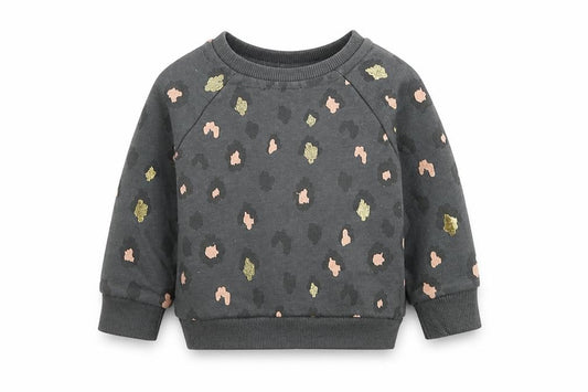 Front view of Primark girls’ grey animal print cotton jumper, size 3-6, months pullover