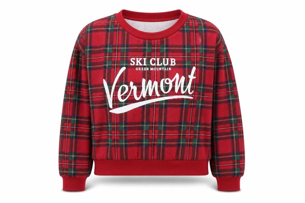 Front view of H&M girls’ red check cotton pullover sweatshirt, size 11-12, years pullover - ski club vermont