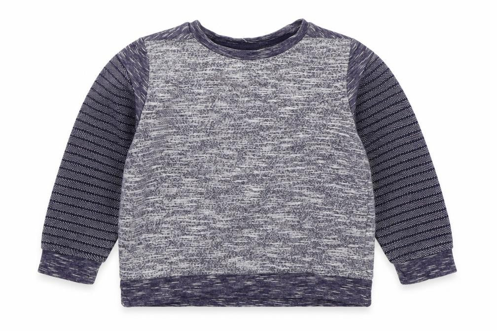 Front view of Nutmeg boys’ blue striped cotton pullover sweatshirt, size 2-3, years pullover