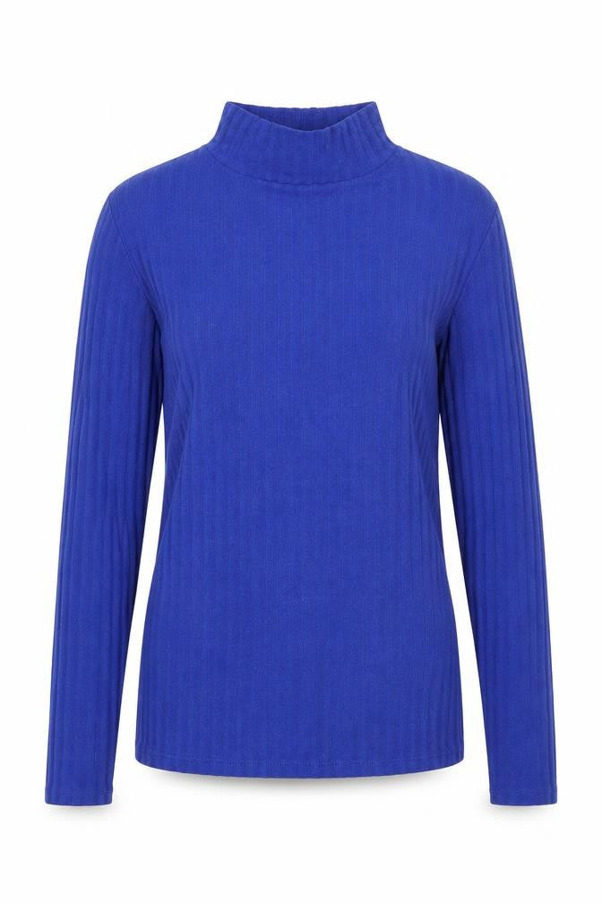 Front view of Topshop women’s blue mock neck polyester jumper, size UK 8