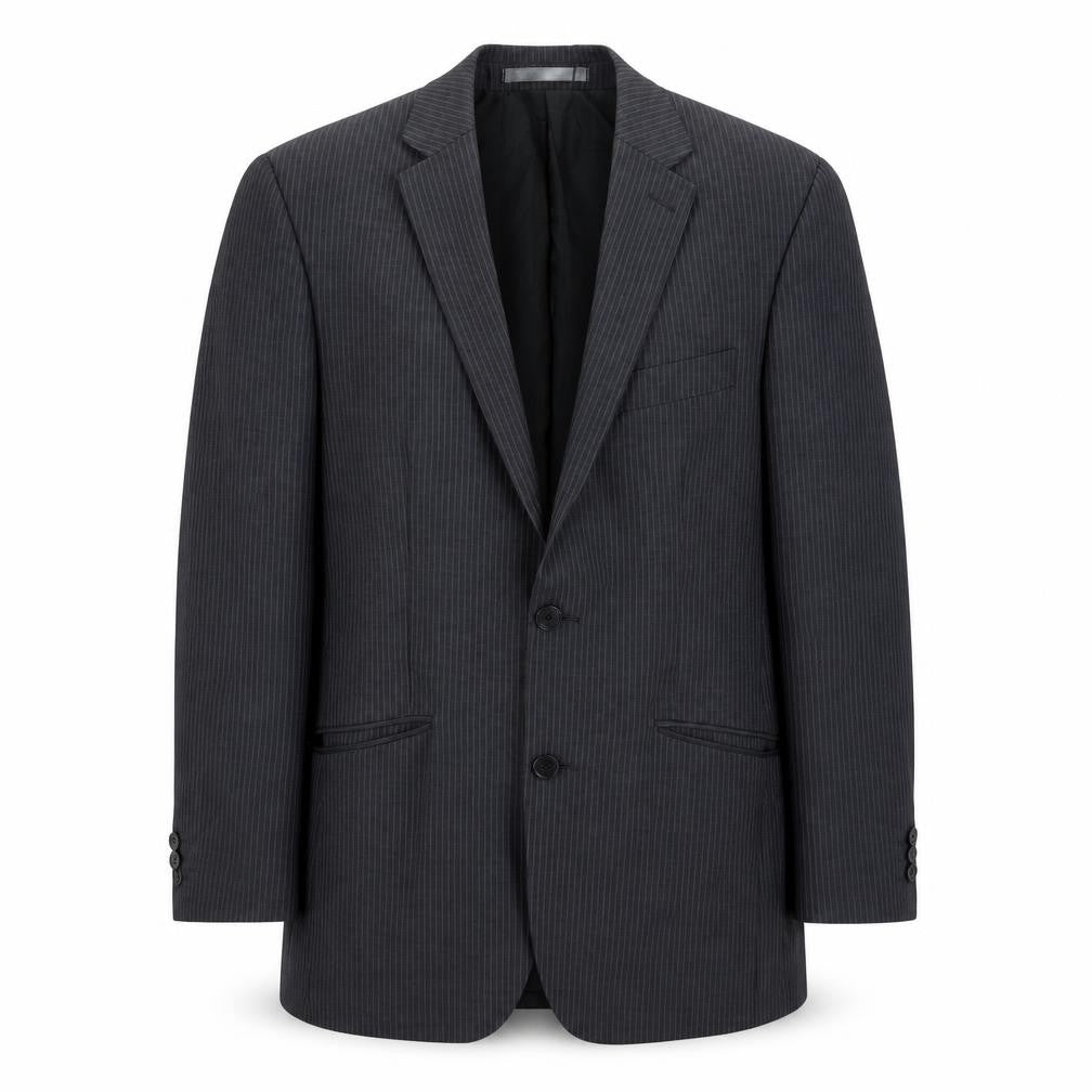 Front view of Burton men’s blue striped polyester jacket suit jacket, size 36