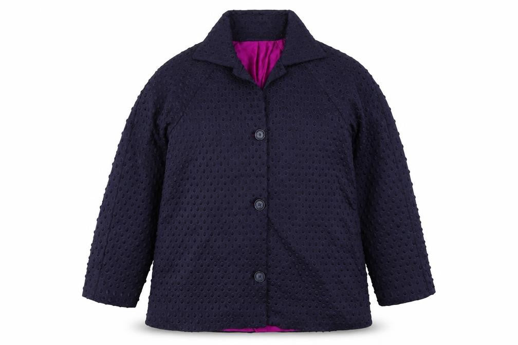 Front view of Preworn women’s blue jacket, size L, button
