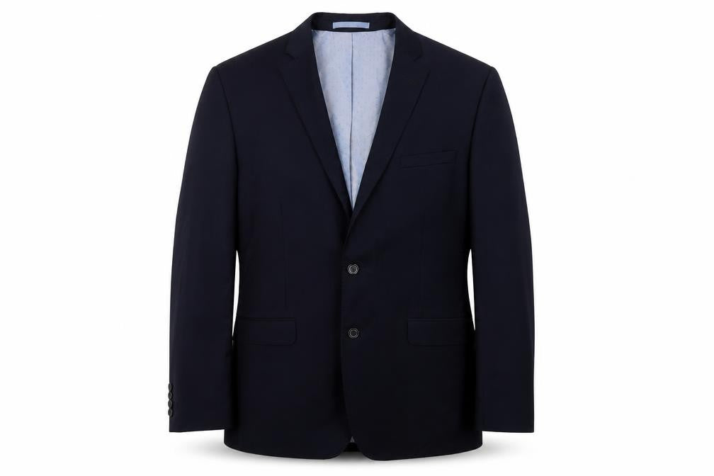 Front view of Burton men’s blue polyester jacket suit jacket, size 42