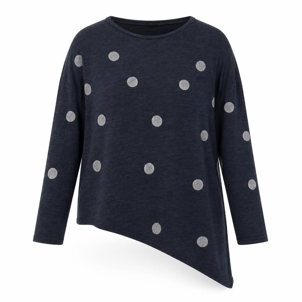 Front view of Izabel women’s blue round neck polka dot viscose jumper, size UK 16