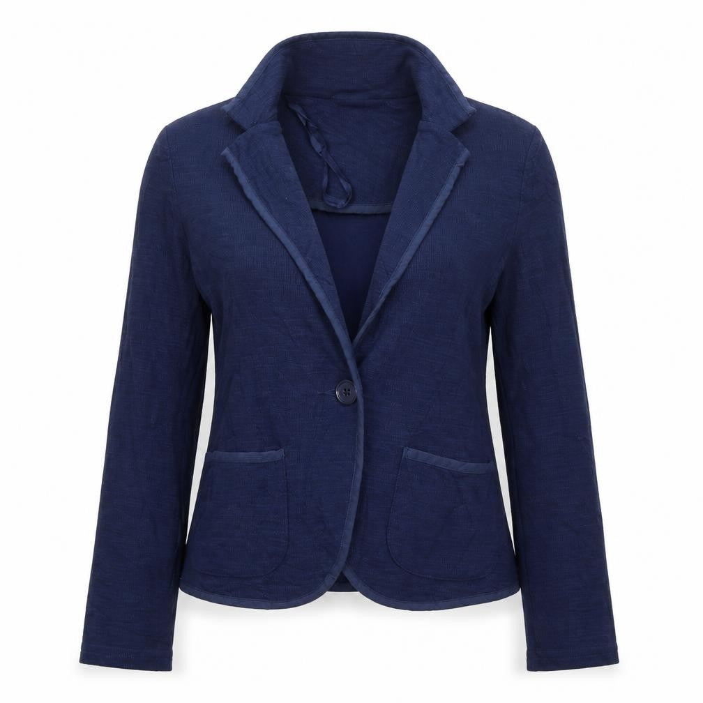 Front view of New Look women’s blue jacket, size UK 8, button