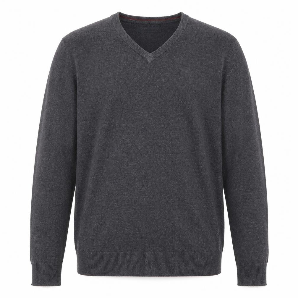 Front view of Easy men’s grey v-neck cotton jumper, size L