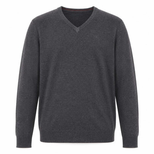 Front view of Easy men’s grey v-neck cotton jumper, size L