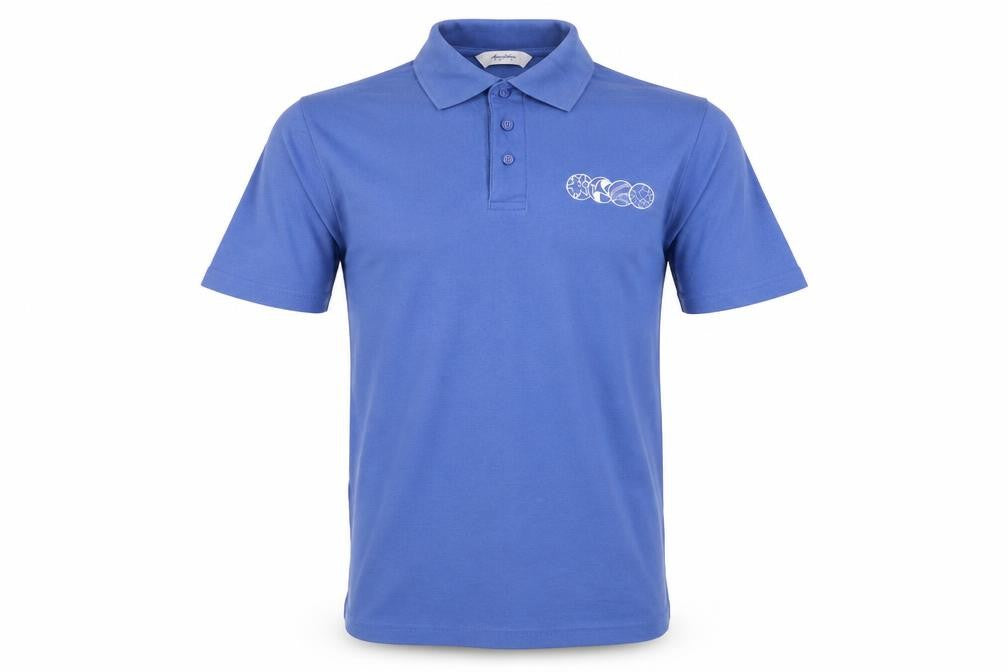 Front view of Alexandra men’s blue polyester polo, size S, collared