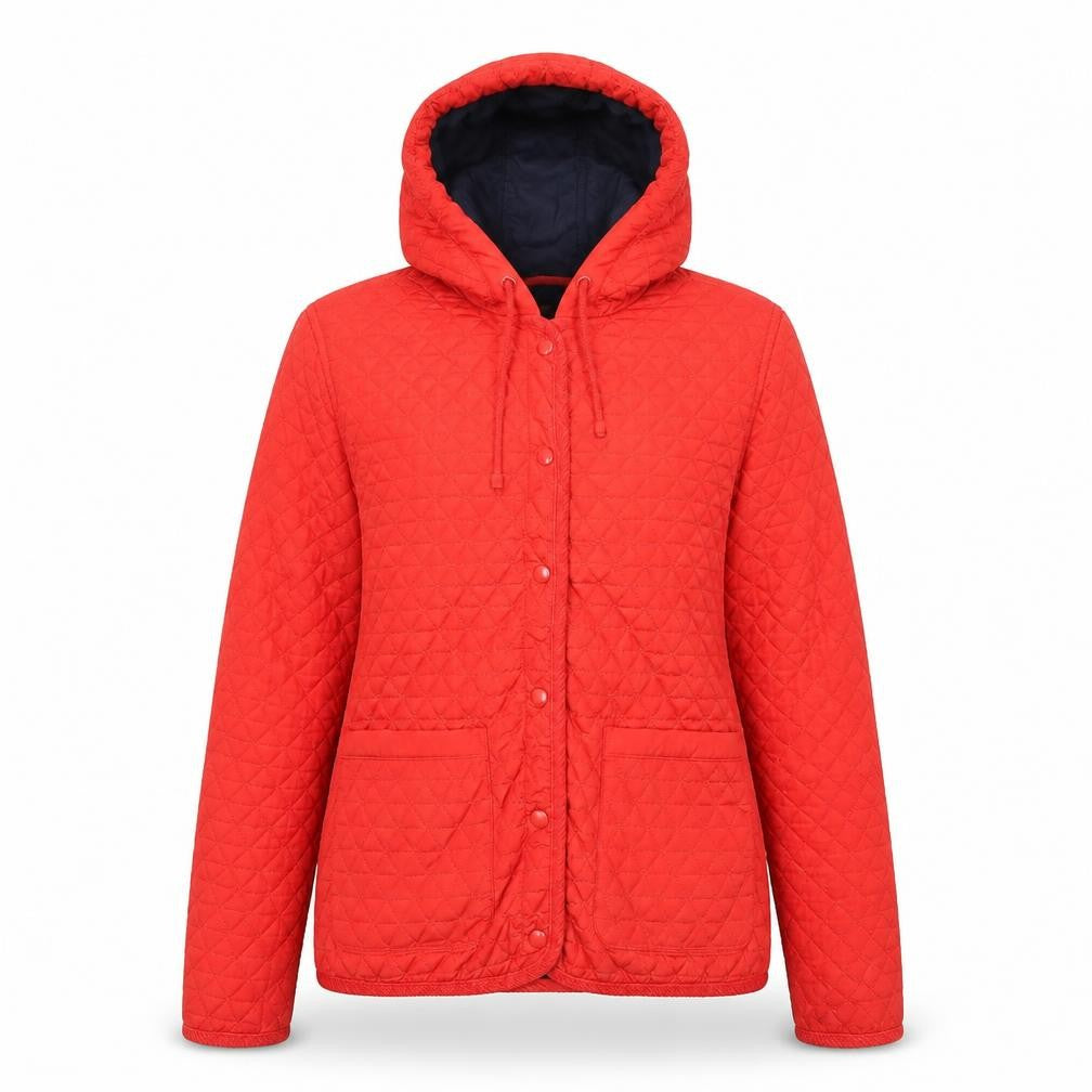 Front view of Topshop women’s red quilted coat, size UK 8, snap