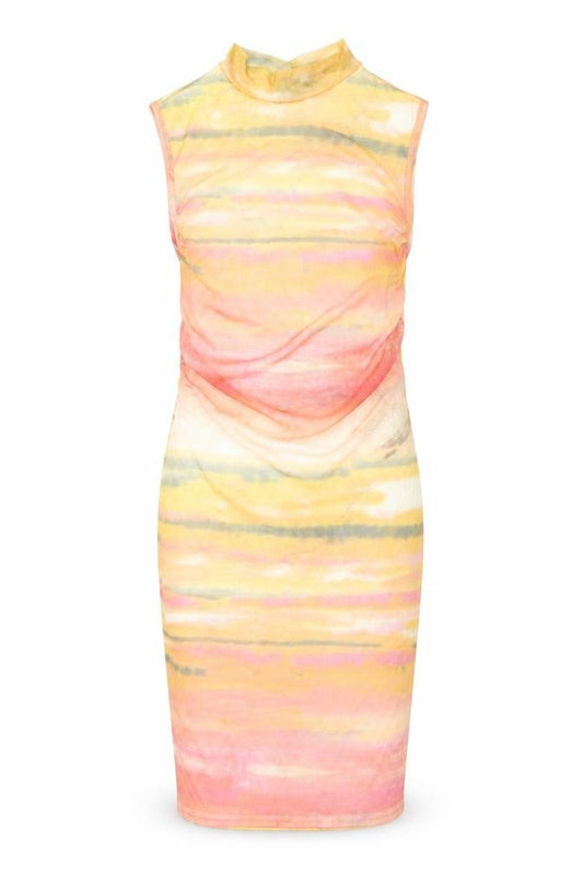 Front view of PRETTYLITTLETHING women’s multicoloured tie dye polyester pencil dress, size UK 10, collared