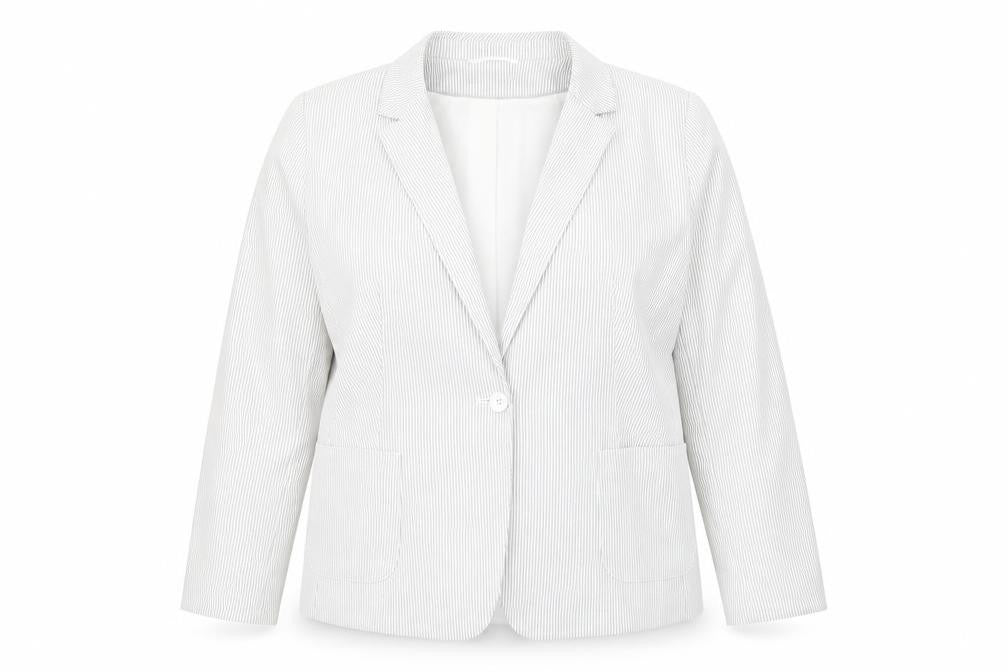 Front view of Dunnes women’s grey striped jacket, size UK 18