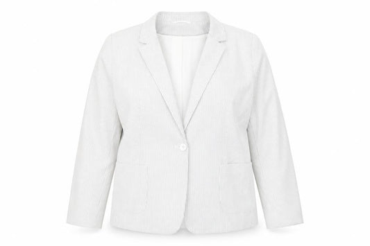 Front view of Dunnes women’s grey striped jacket, size UK 18