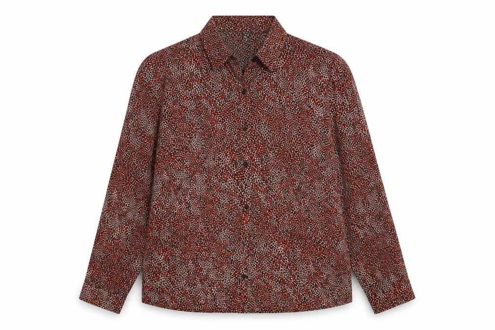Front view of Primark women’s multicoloured animal print polyester basic button-up, size UK 12, collared