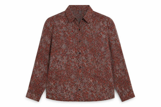 Front view of Primark women’s multicoloured animal print polyester basic button-up, size UK 12, collared