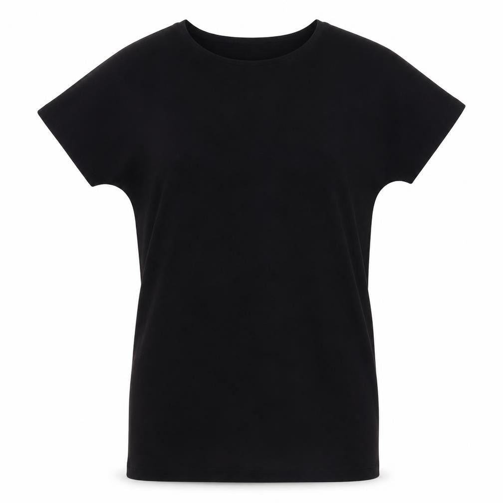Front view of Meraki women’s black polyester sheath, size XS, round neck