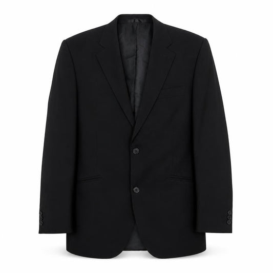 Front view of Tom English men’s black polyester jacket suit jacket, size 38