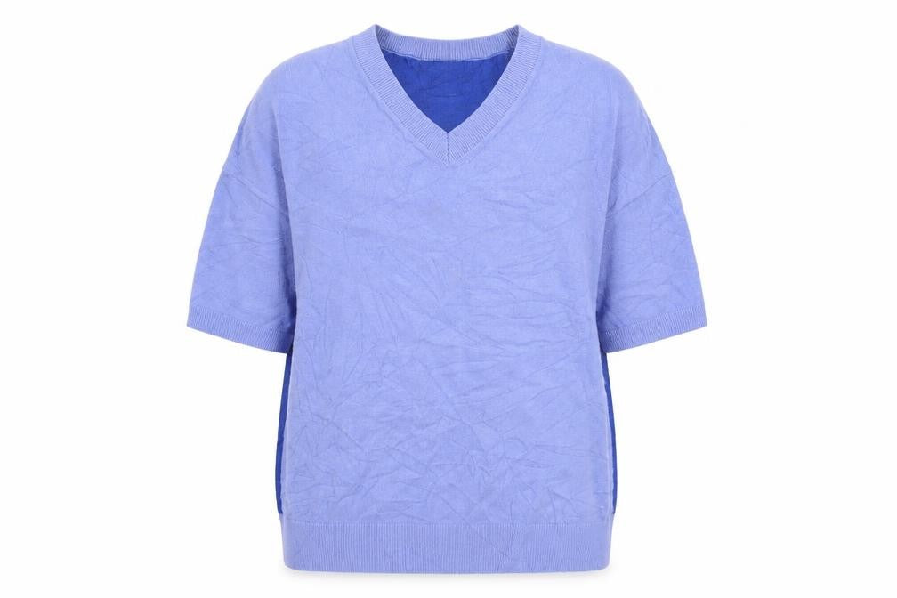 Front view of Marks & Spencer women’s blue v-neck viscose jumper, size UK 8