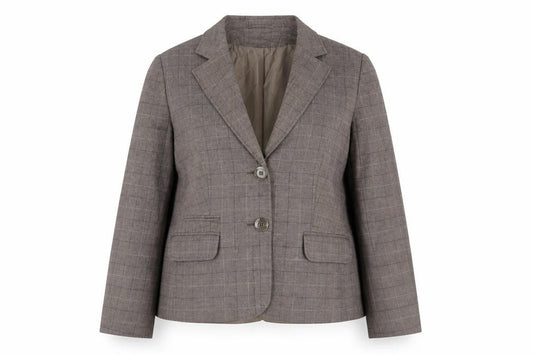 Front view of AMARANTO women’s brown plaid jacket blazer, size UK 14, button