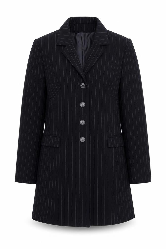 Front view of Anne Brooks women’s blue pinstripe polyester jacket suit jacket, size UK 10