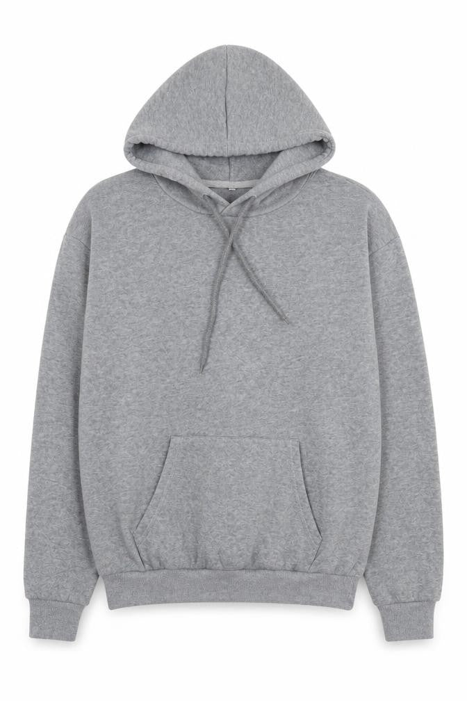 Front view of women’s grey polyester pullover hoodie, size XS, pullover