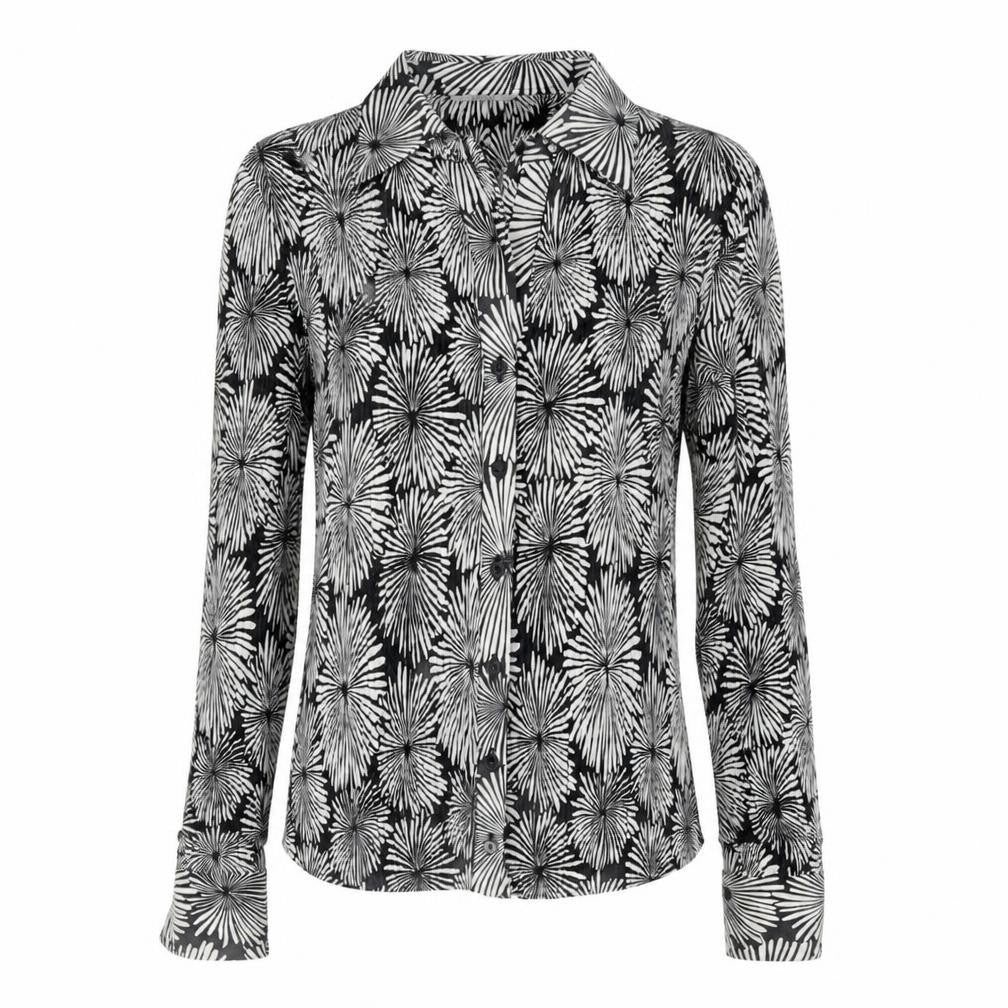 Front view of Marks & Spencer women’s multicoloured geometric polyester jersey button-up, size UK 8, collared