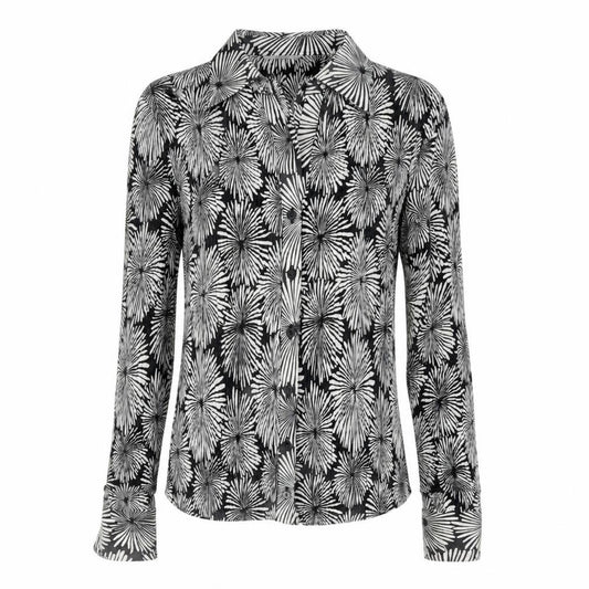 Front view of Marks & Spencer women’s multicoloured geometric polyester jersey button-up, size UK 8, collared