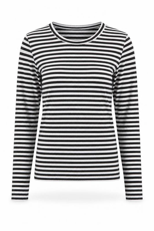 Front view of Pieces women’s multicoloured striped polyester jersey t-shirt, size XS, round neck