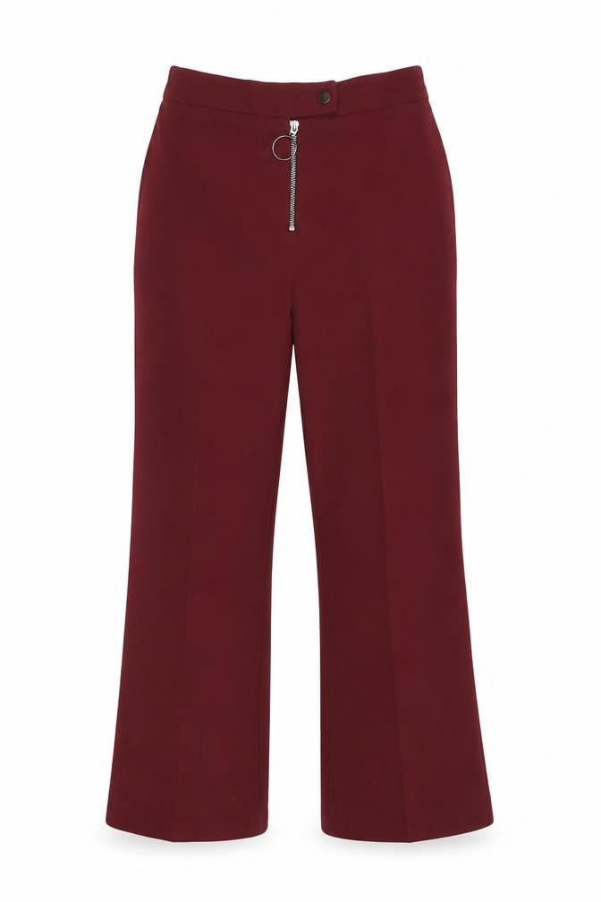 Front view of Topshop women’s red polyester trousers, size UK 8, 26-inch leg regular zip