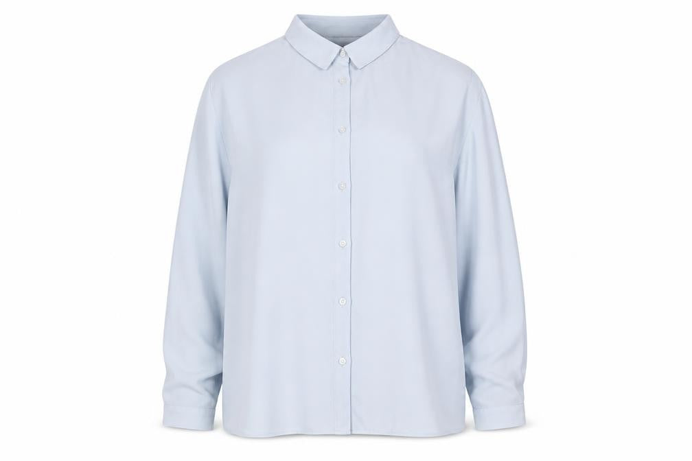 Front view of Dorothy Perkins women’s blue polyester jersey button-up, size UK 14, collared