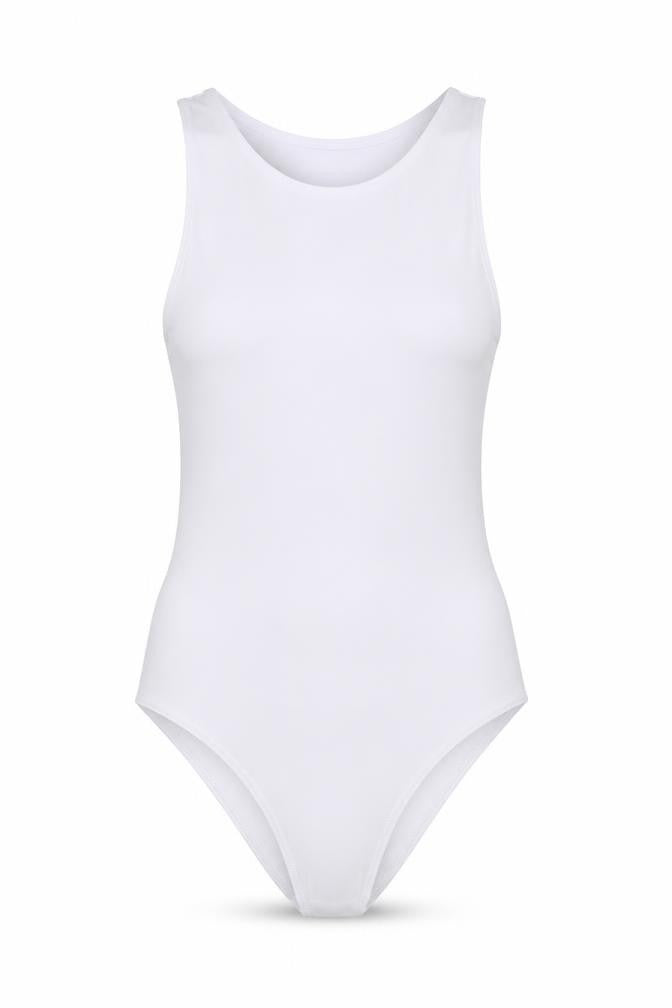 Front view of Quiz women’s ivory polyester bodysuit one-piece, size UK 6, snap