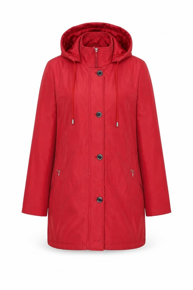 Front view of Eleganze women’s red jacket coat, size UK 10