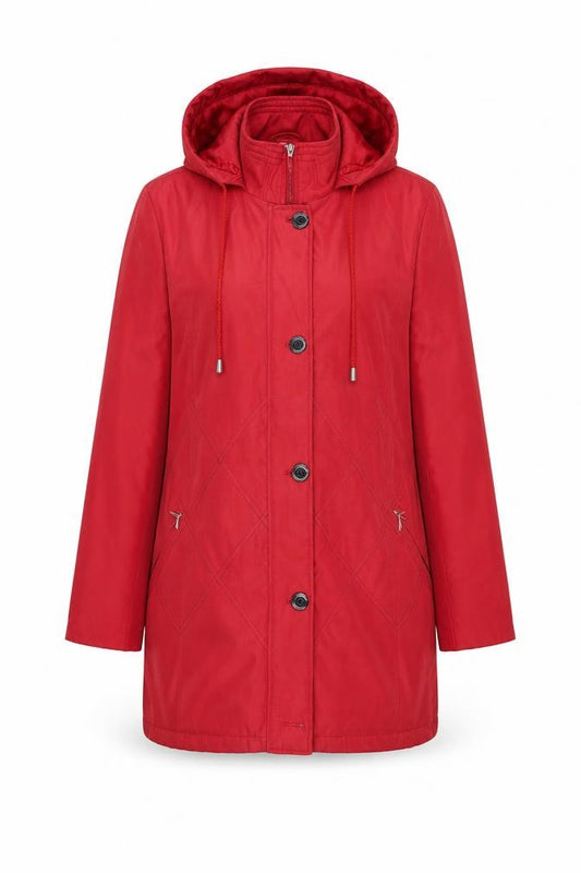 Front view of Eleganze women’s red jacket coat, size UK 10