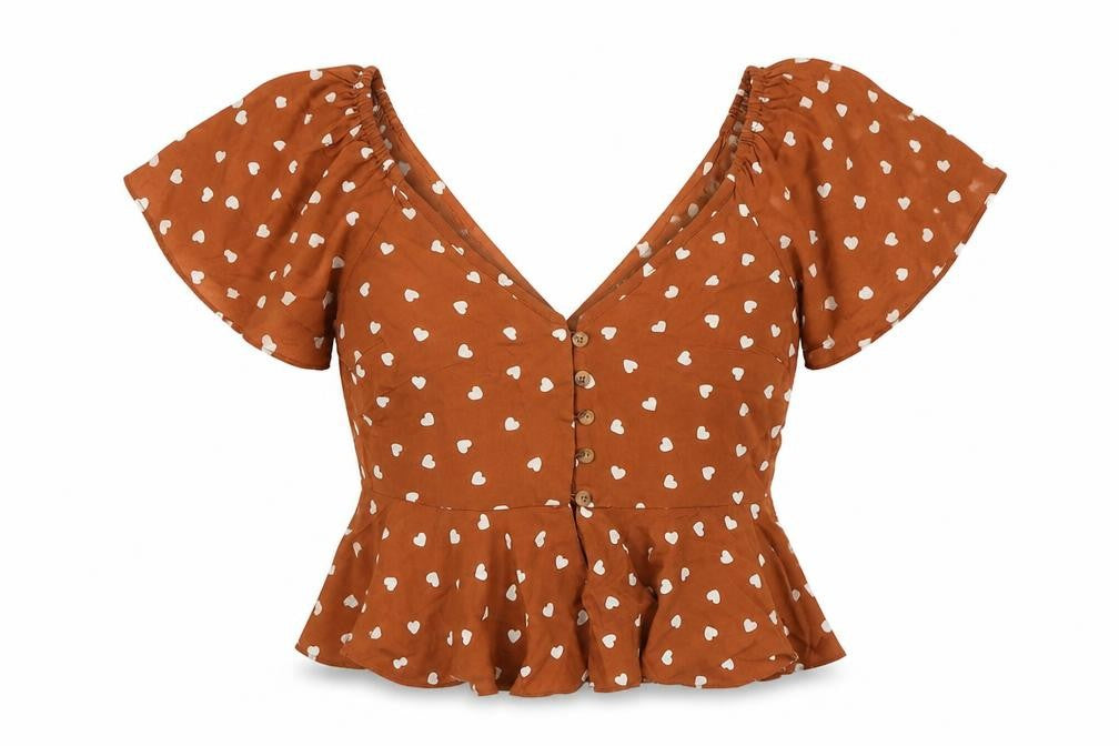 Front view of ASOS women’s brown geometric viscose basic blouse, size UK 4, round neck