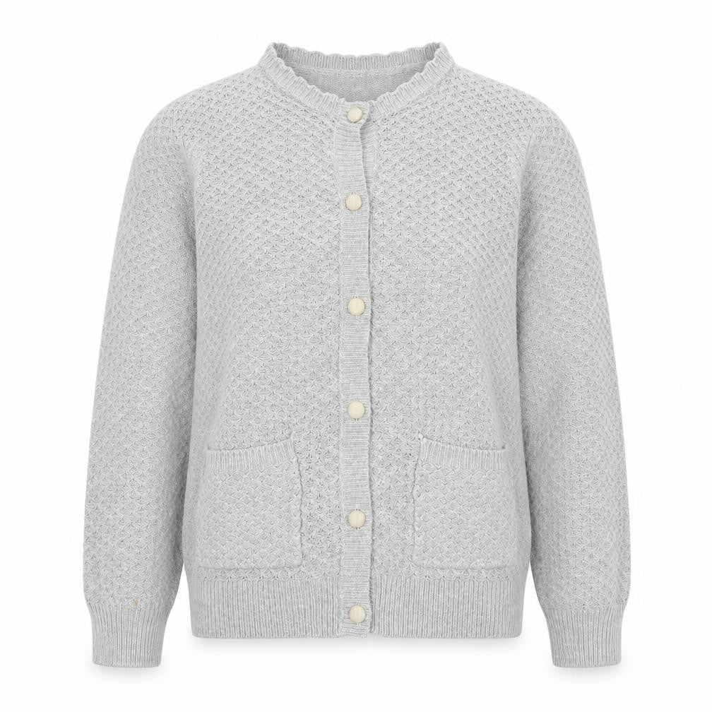 Front view of Honor women’s grey v-neck acrylic cardigan jumper, size S
