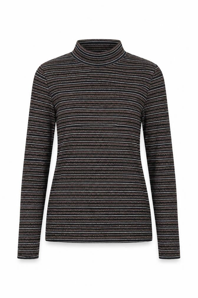 Front view of Next women’s multicoloured striped polyester basic t-shirt, size UK 6, high neck