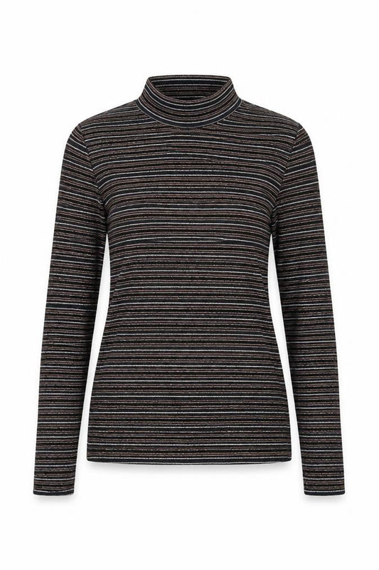 Front view of Next women’s multicoloured striped polyester basic t-shirt, size UK 6, high neck