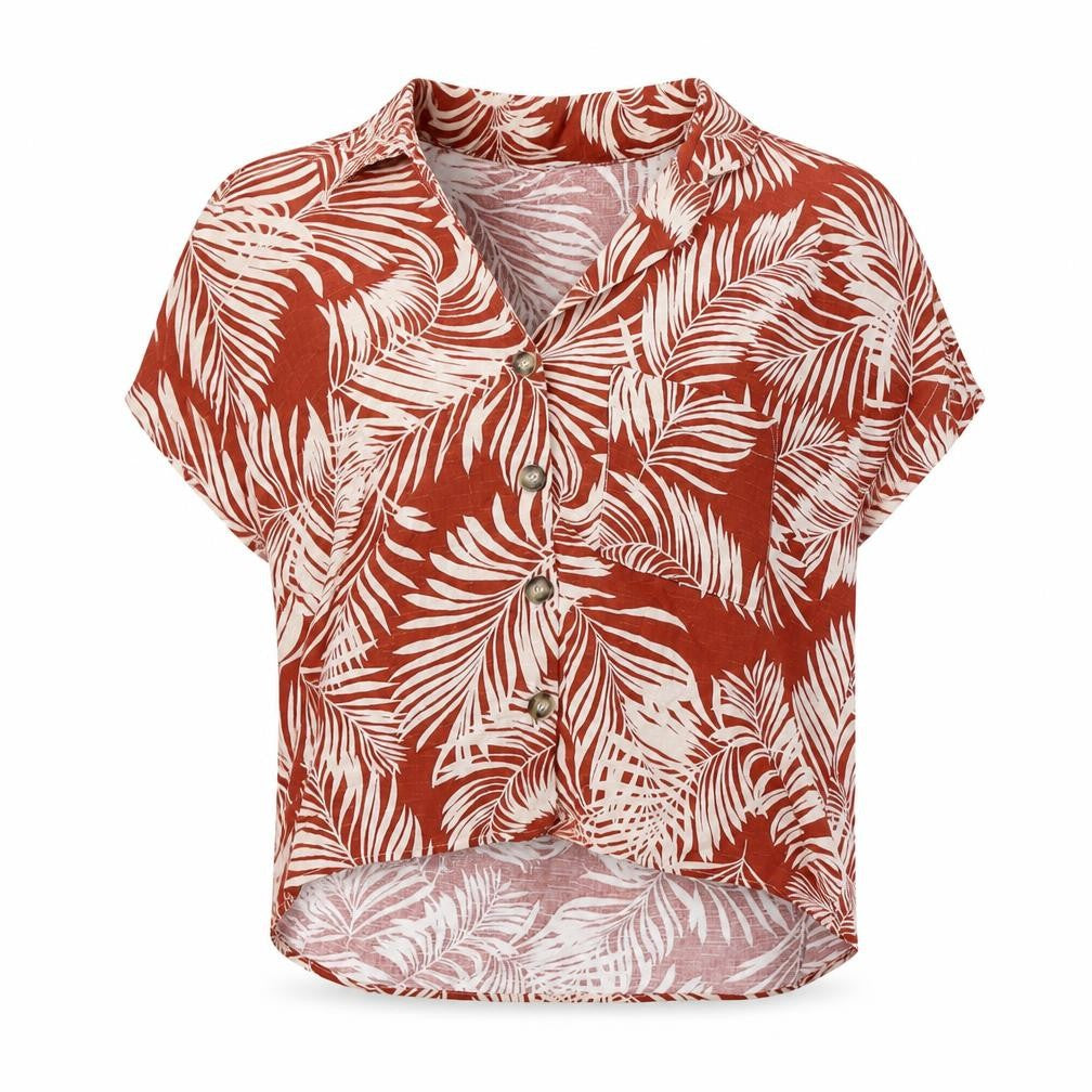 Front view of Primark women’s red floral viscose basic blouse, size UK 6, collared