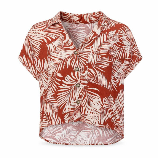 Front view of Primark women’s red floral viscose basic blouse, size UK 6, collared