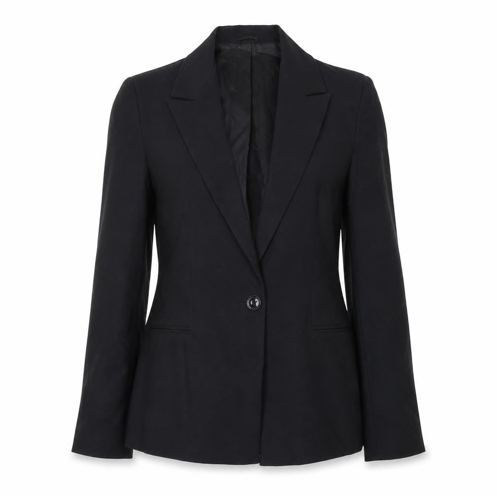 Front view of Warehouse women’s black polyester jacket suit, size UK 8