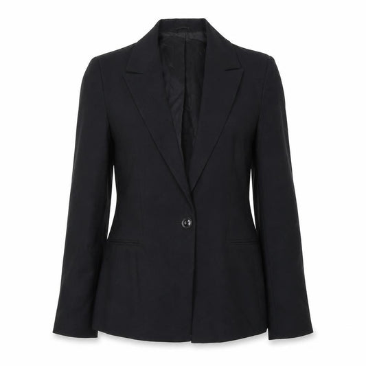 Front view of Warehouse women’s black polyester jacket suit, size UK 8